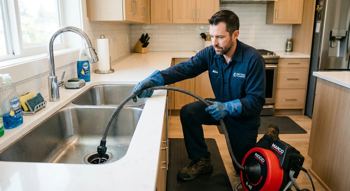 Drain cleaning technician using a motorized snake on a kitchen sink in Huron