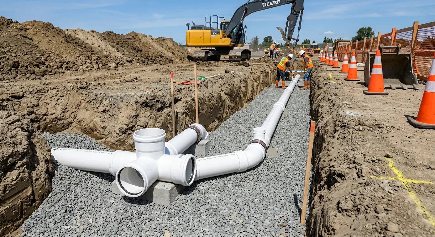 New PVC sewer pipe installation in open trench for Commercial Drain Cleaning in Huron